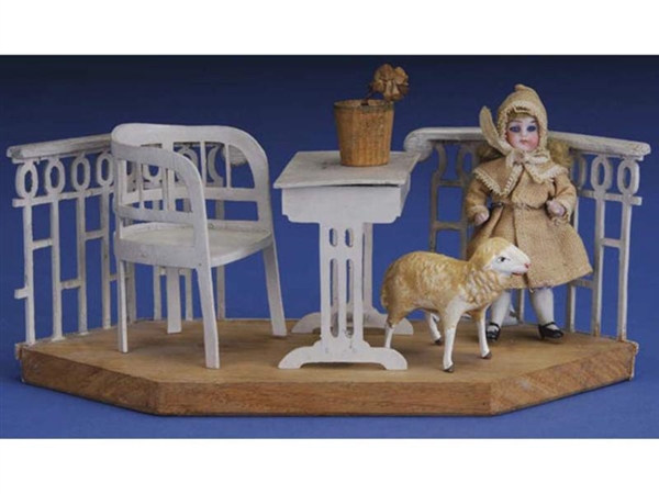 MINIATURE PORCH WITH ALL BISQUE DOLL AND LAMB     