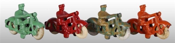 LOT OF 4: CAST IRON HUBLEY MOTORCYCLE TOYS.       