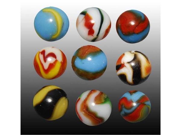 LOT OF 9: ASSORTED PELTIER MARBLES.               