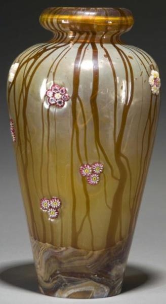 ITALIAN BROWN GLASS VASE WITH MILLIFORE FLOWERS.  