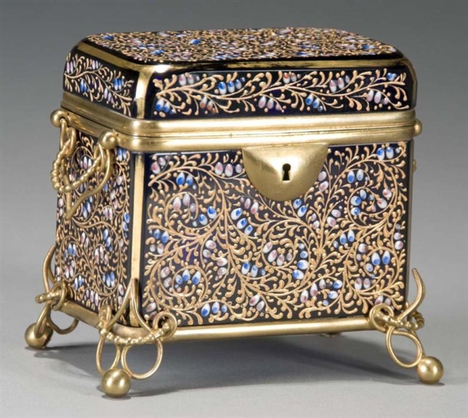 MOSER ENAMELED BOX WITH BRASS FOOTED BASE.        