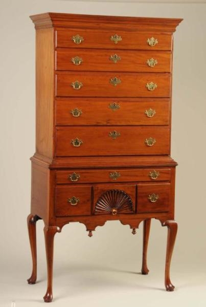 NEW ENGLAND QUEEN ANNE SYCAMORE HIGHBOY.          