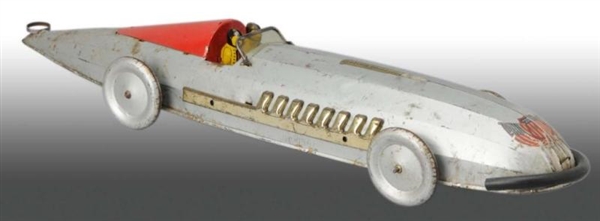 PRESSED STEEL & TIN SILVER BULLET RACER TOY.      