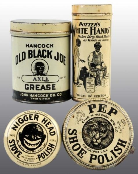 LOT OF 4: BLACK & WHITE PRODUCT TINS.             