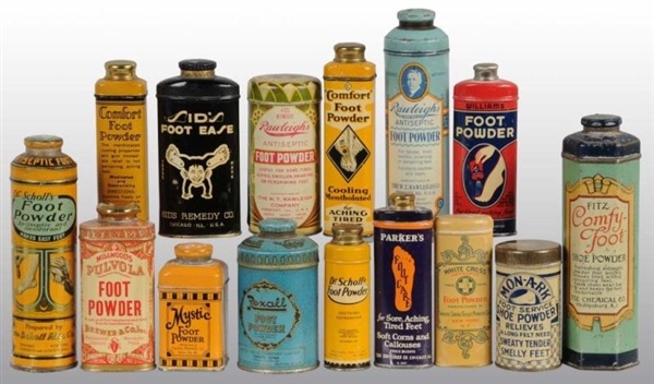 LOT OF 15: FOOT POWDER-RELATED TINS.              