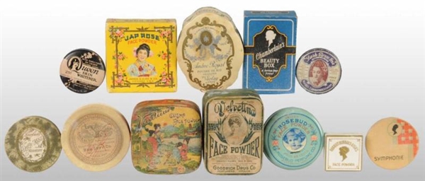 LOT OF 12: COSMETIC POWDER TINS & BOXES.          