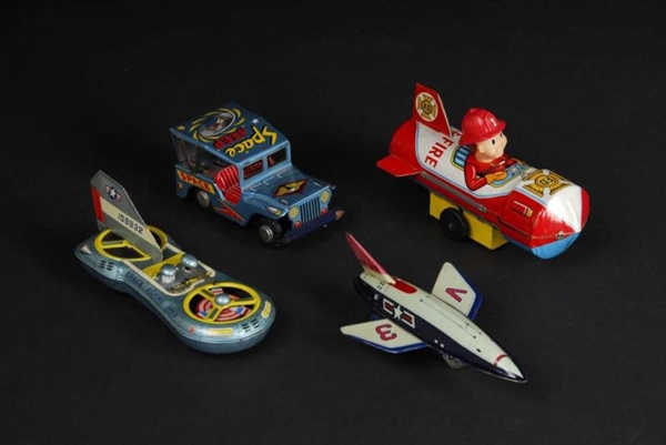 LOT OF 4: TIN SPACE FRICTION & WIND-UP TOYS.      