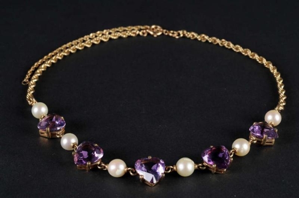 14K GOLD PEARL & AMETHYST HEART NECKLACE.         