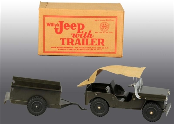 PRESSED STEEL MARX WILLYS JEEP WITH TRAILER TOY. 