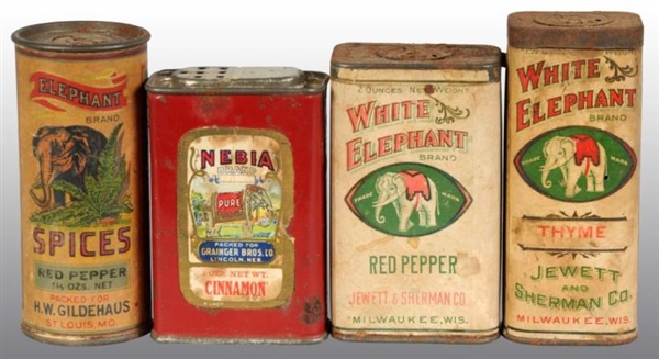 LOT OF 4: SPICE TINS WITH ELEPHANT MOTIF.         