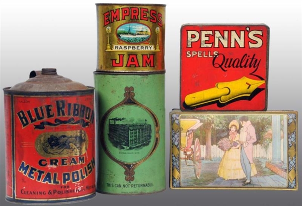 LOT OF 5: ASSORTED PRODUCT TINS.                  