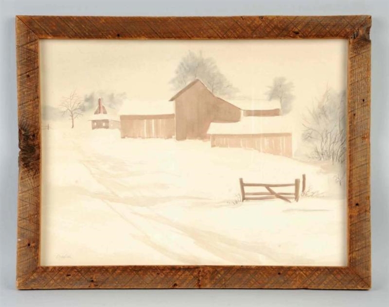SNOW COVERED BARN WATER COLOR.                    