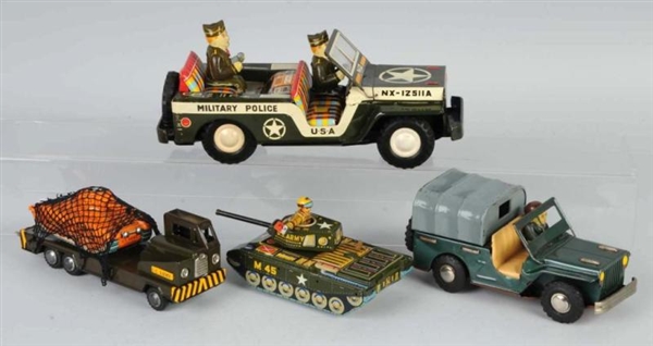 LOT OF 4: TIN MILITARY FRICTION TOYS.             