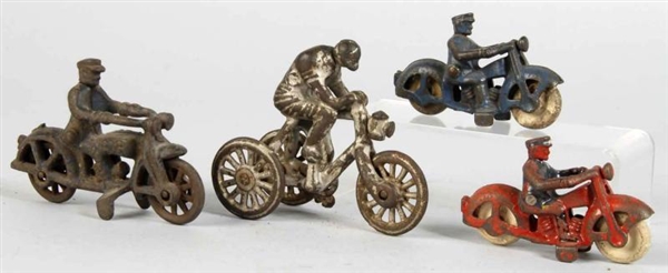 LOT OF 4: CAST IRON CYCLE TOYS.                   