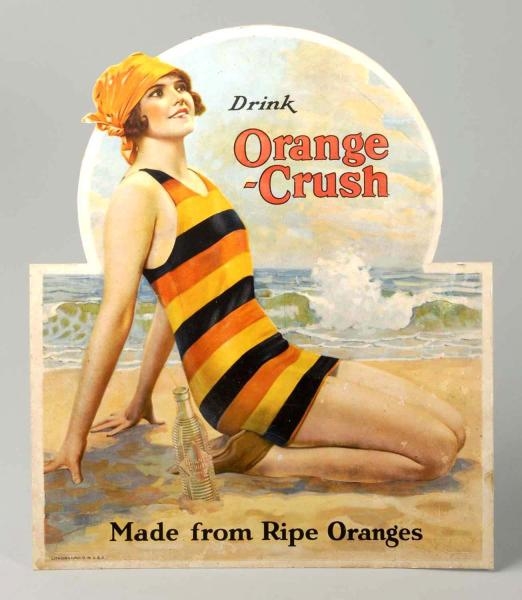 1920S DIE-CUT ORANGE CRUSH GIRL ON BEACH SIGN.    