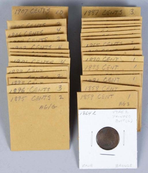 LOT OF 74: FLYING EAGLE & INDIAN HEAD PENNIES.    