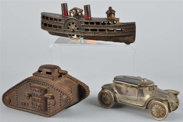 LOT OF 3: CAST IRON & DIECAST VEHICLE BANKS.      