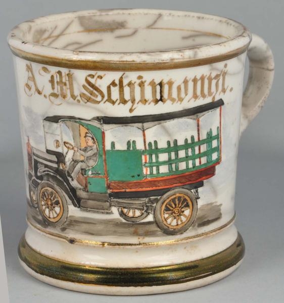 COVERED STAKE TRUCK WITH DRIVER SHAVING MUG.      