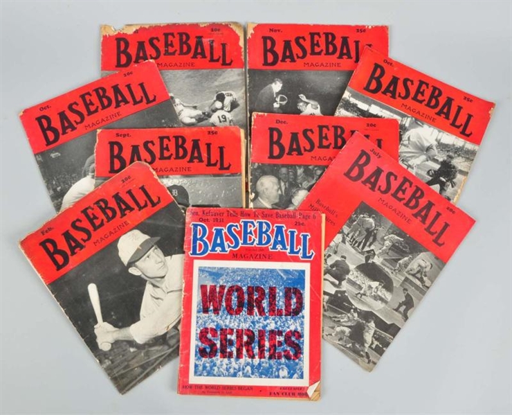 LOT OF 9: 1940S-50S ISSUES OF BASEBALL MAGAZINE.  