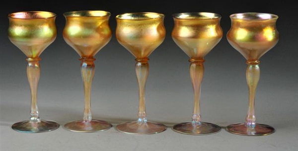 LOT OF 5: LONG STEMMED TIFFANY WINE GLASSES.      