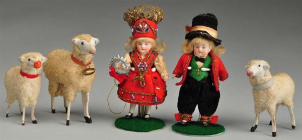 LOT OF ALL BISQUE DOLLS AND SHEEP.                