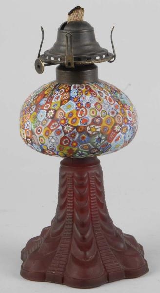 19TH CENTURY GLASS FLORAL OIL LAMP.               