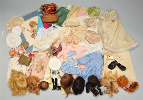 LOT OF ANTIQUE DOLL CLOTHES & WIGS.               