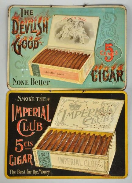 LOT OF 2: EMBOSSED TIN CIGAR HANGING SIGNS.       