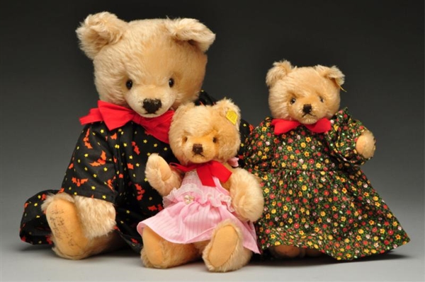 LOT OF 3: STEIFF TEDDY BEARS IN VARIOUS DRESSES.  