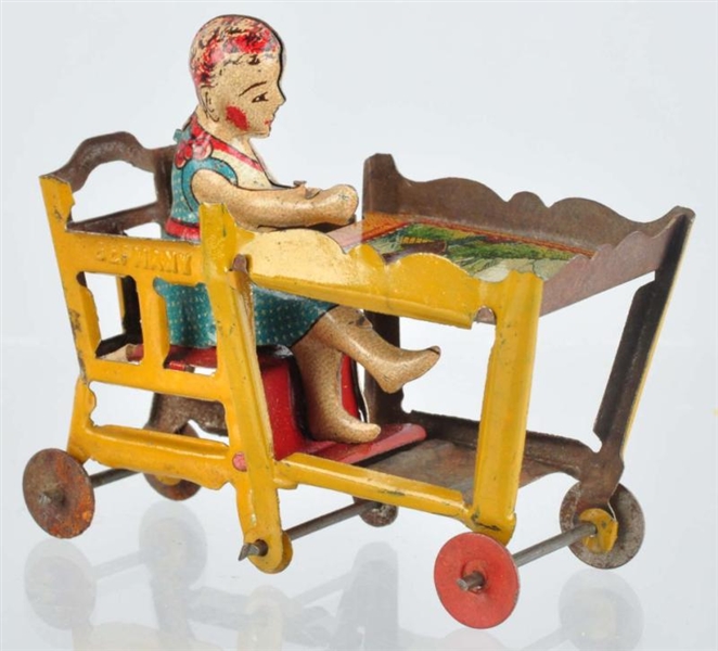 TIN LITHO BABY IN HIGHCHAIR PENNY TOY.            