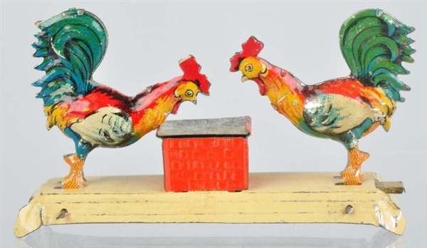 TIN LITHO ROOSTERS PECKING PENNY TOY.             