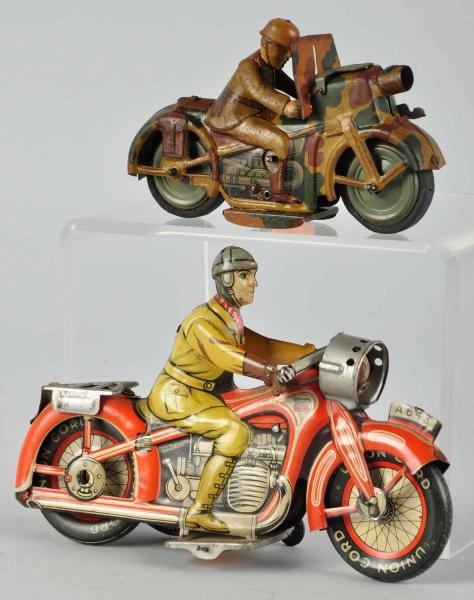 LOT OF 2: TIN LITHO MOTORCYCLE WIND-UP TOYS.      