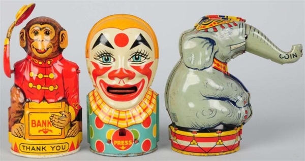 LOT OF 3: TIN LITHO CHEIN CHARACTER STILL BANKS.  