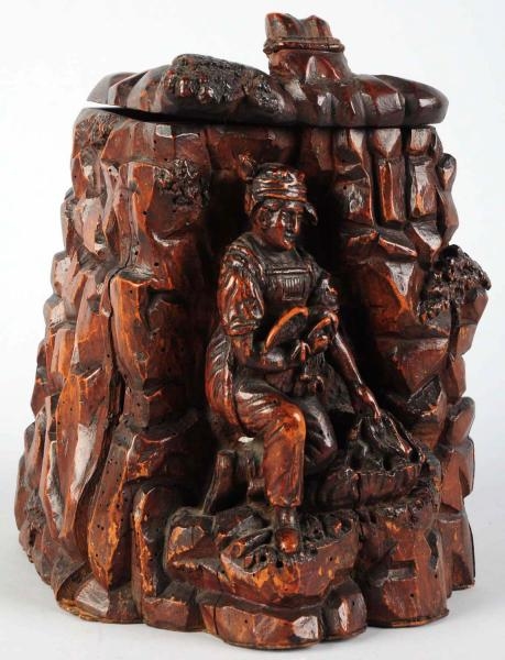 CARVED WOODEN LIDDED BOX FOR CIGARS OR TOBACCO.   