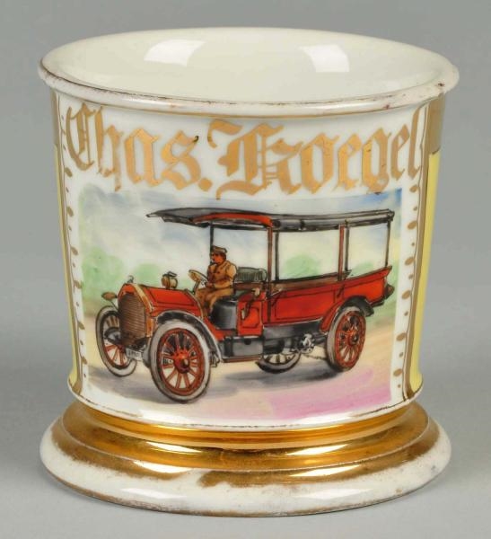 ANTIQUE OPEN TRUCK WITH DRIVER SHAVING MUG.       