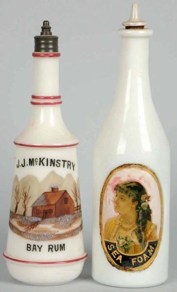 LOT OF 2: MILK GLASS BOTTLES WITH STOPPERS.       