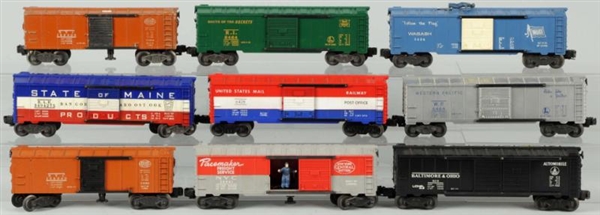 LOT OF 9: LIONEL O-27 GAUGE BOXCARS.              