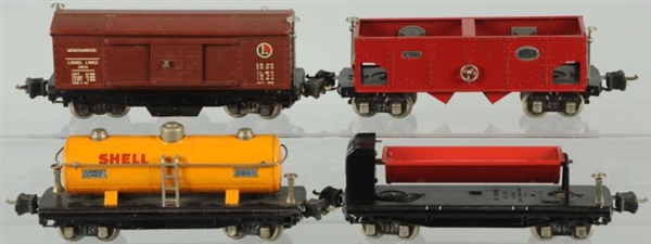 LOT OF 4: TINPLATE LIONEL O-GAUGE FREIGHT CARS.   