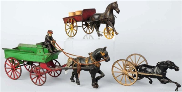 LOT OF 3: HORSE-DRAWN CART & SULKY TOYS.          