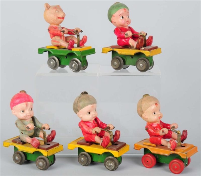 LOT OF 5: CELLULOID & TIN RIDING WIND-UP TOYS.    