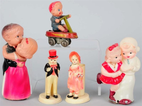 LOT OF 5: CELLULOID FIGURAL & WIND-UP TOYS.       