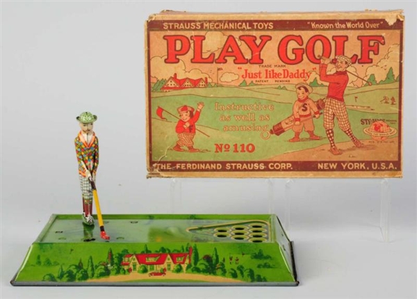 TIN LITHO STRAUSS PLAY GOLD WIND-UP TOY.          