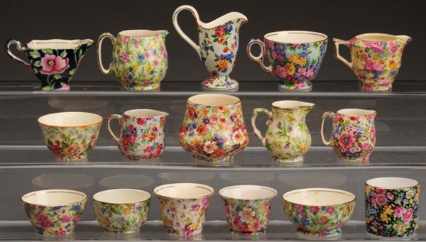 LOT OF 16: ASSORTED CHINTZ FLORAL CUPS & CREAMERS 