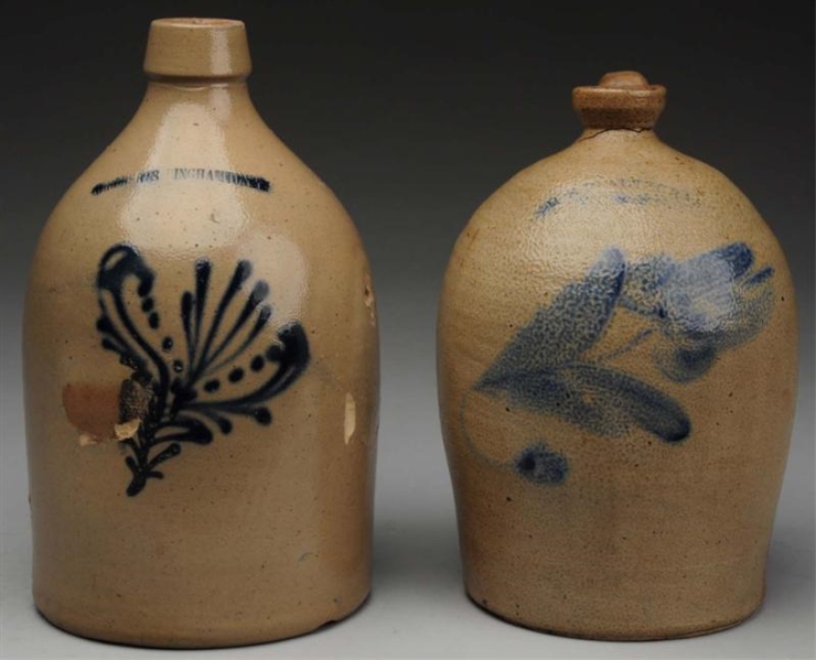 PAIR OF BLUE DECORATED STONEWARE JUGS.            