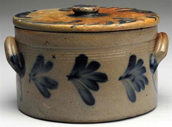 19TH CENTURY STONEWARE BUTTER CROCK WITH LID.     