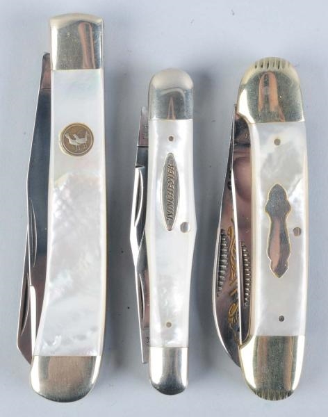 LOT OF 3: CONTEMPORARY M.O.P. HANDLED KNIVES.     