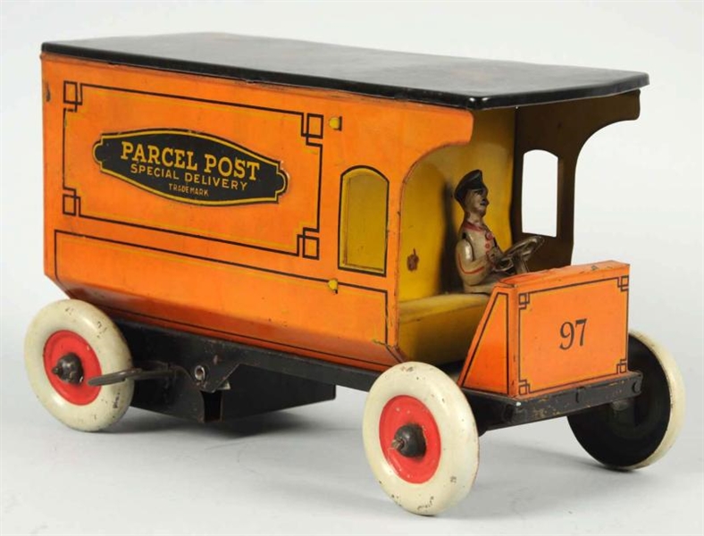 TIN LITHO STRAUSS PARCEL POST VAN WIND-UP TOY.    