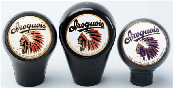 LOT OF 3: IROQUOIS BEER TAP KNOBS.                
