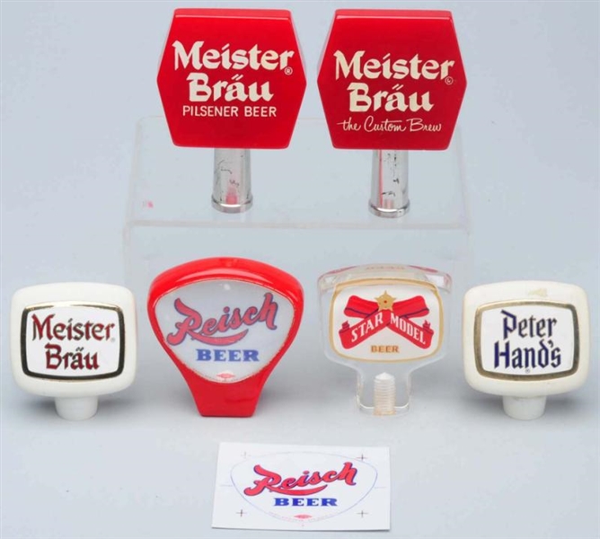 LOT OF 6: BEER TAP KNOBS & CUTOUT.                
