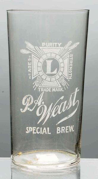P.A. WEAST ACID-ETCHED LEISY BREWING BEER GLASS.  